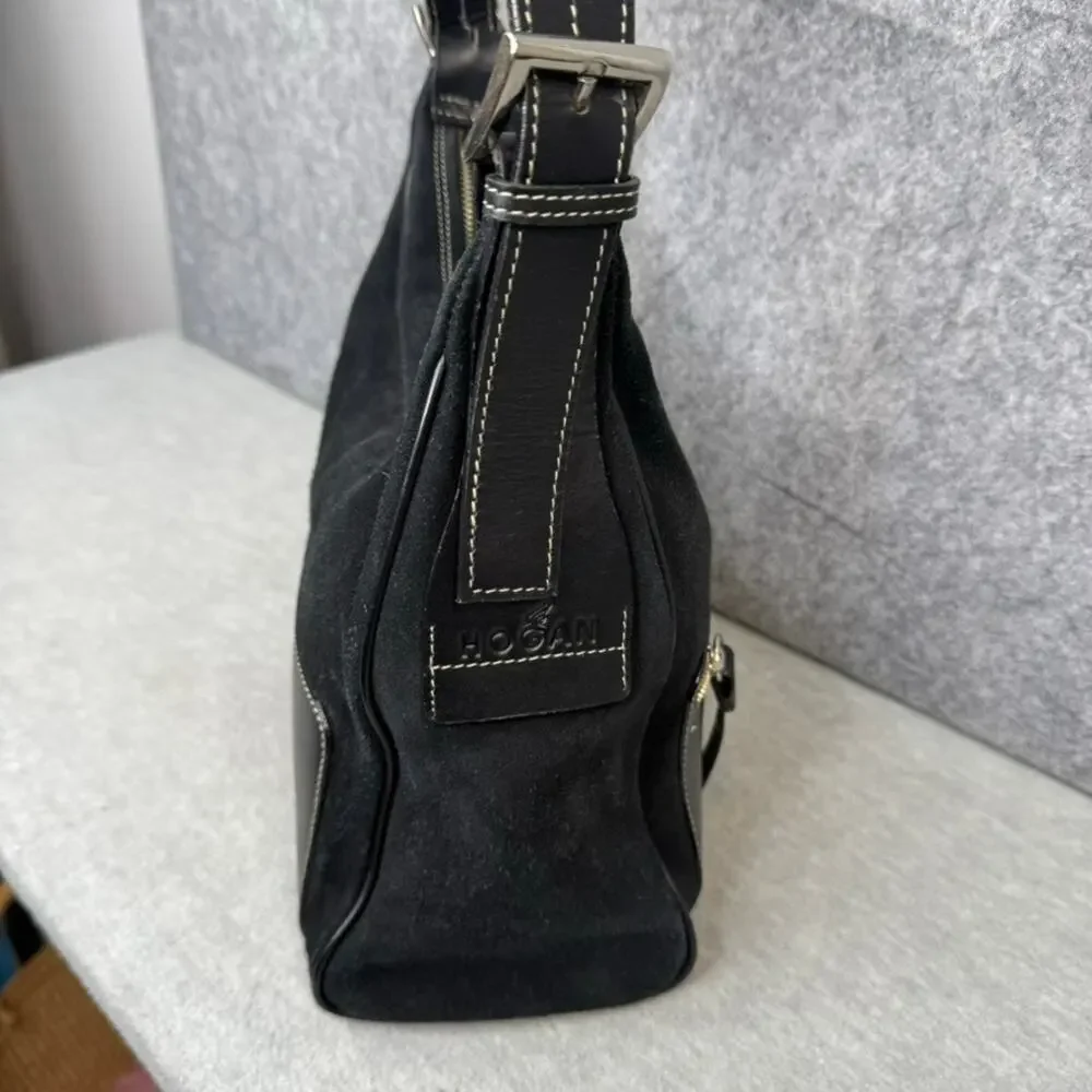 Hogan Satchel Black Suede and Leather Top Zip Shoulder Bag